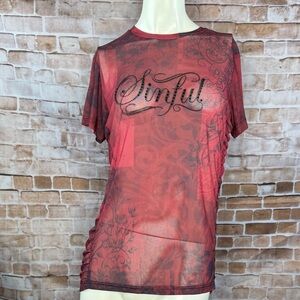 Sinful By Affliction Sheer Short Sleeve T-Shirt - Red / Black - Large / XL -NWT